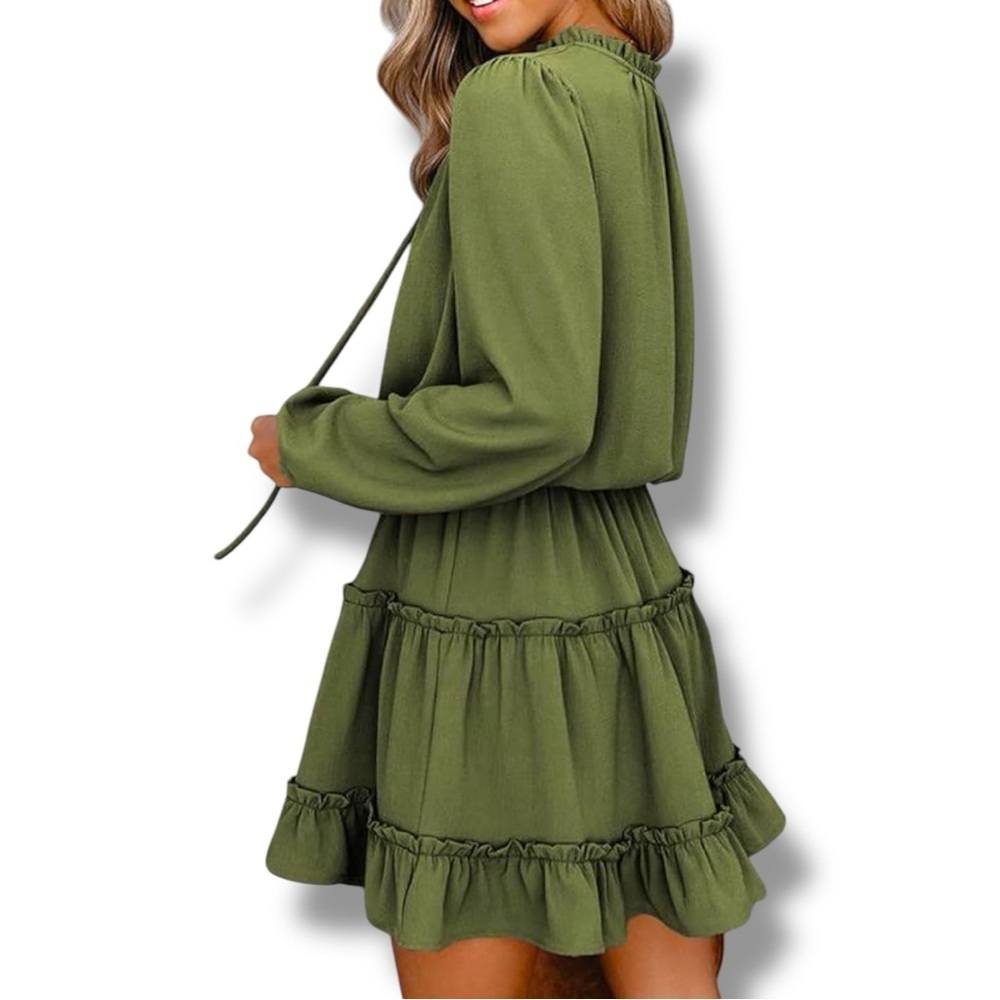 Amazon Army Green Ruffled Tiered V Neck Tie Loose Fit Long Sleeve Mini Sundress - Picture 2 of 16